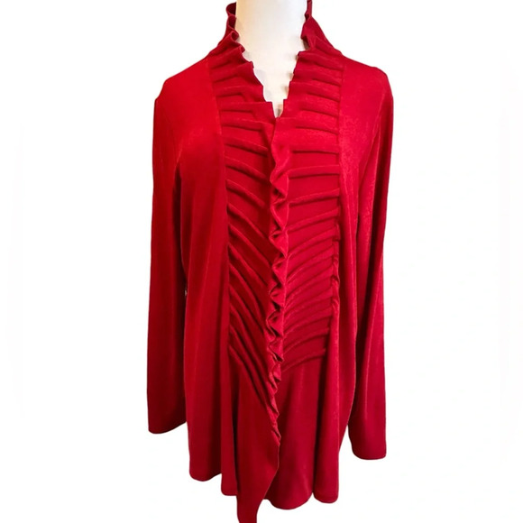 Chico’s Travelers Open Front Red Ruched Ruffled Cardigan Jacket - Picture 2 of 6